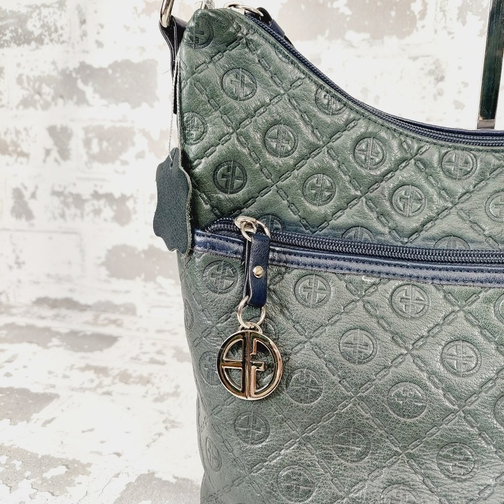 Giani Bernini Green Purse Blue 2Tone Classic Pattern Genuine Leather 0987 - Picture 3 of 14